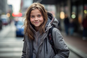 Fototapeta premium A girl wearing a grey jacket and a backpack is smiling