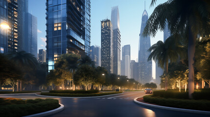Fototapeta premium Cityscape with modern skyscrapers adorned with trees, The harmony of nature and urbanity, Clean air. Emphasizing natural concepts, Green spaces