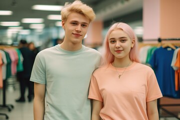 Obraz premium A man and a woman are standing in a store, both wearing shirts