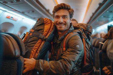 A man with a backpack is smiling as he carries his luggage onto an airplane