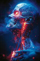 blue xray medical illustration of a pain in the neck, red glowing pain, person reaching for it,generative ai