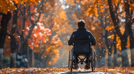 A man in a wheelchair is sitting in the middle of a leaf-covered path - Powered by Adobe