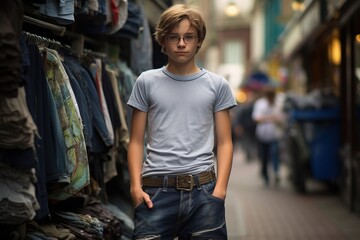 A young man stands in front of a rack of clothes