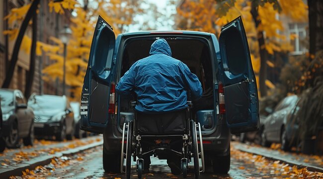 A man in a blue jacket is sitting in a wheelchair in front of a blue van