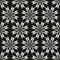 Simple abstract geometric floral seamless pattern. Minimal black and white texture with big flower silhouettes. Elegant monochrome vector background. Repeated dark geo design for decor, print, cover