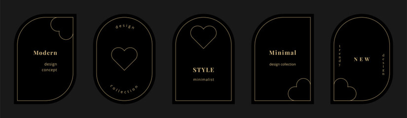 Vector set of modern minimal golden frames with hearts. Luxury black labels with copy space for text. Simple abstract minimalist badges. Stylish linear shape borders. Trendy geometric design elements - 779116250