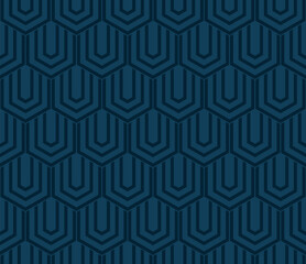 Vector subtle geometric seamless pattern with hexagons, lines. Elegant dark blue abstract minimal background with hexagonal grid. Simple delicate texture. Repeated geo design for decor, print, fabric - 779116264