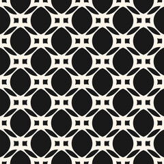 Vector monochrome geometric seamless pattern with rounded grid, net, mesh, lattice, circles, curved shapes. Simple abstract black and white background. Geometric ornament texture. Repeat geo design - 779116274