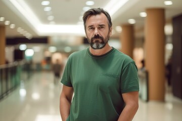 A man in a green shirt stands in a mall