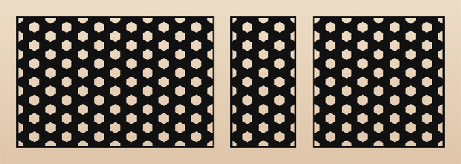 Decorative panels for laser cut. Vector stencils set with abstract geometric pattern, hexagon grid, mesh, simple ornament. Template for CNC, laser cutting of wood, metal. Aspect ratio 3:2, 1:2, 1:1