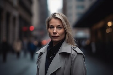A woman is standing in the street wearing a coat and a scarf