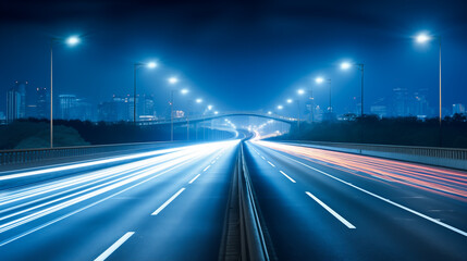 City highway in the night. Road show the speed in traffic, Fast car lights on the road, Urban road
