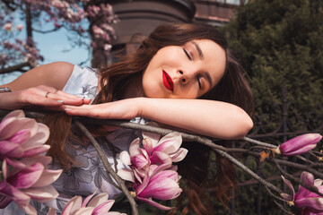 woman with pink flowers