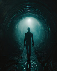 Silhouette of a man standing in a dark tunnel with light coming from the end