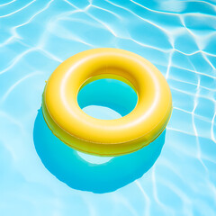 Yellow ring floating in blue swimming pool. Inflatable ring, rest concept