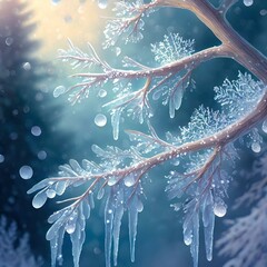 The cold air freezes the branches and coats them with crystals, romantic and fantastic. - obrazy, fototapety, plakaty