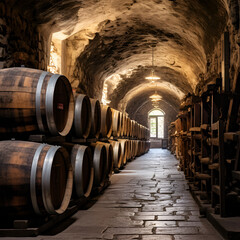 Fototapeta na wymiar Wine cellar. Wine or whiskey barrels. French wooden barrels.