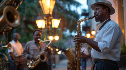 Street Jazz Musicians Performing at Evening in Urban Setting - obrazy, fototapety, plakaty