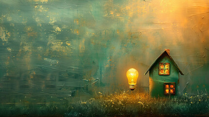 Fototapeta na wymiar a small green house with a light bulb, in the style of sunny impressionism,generative ai