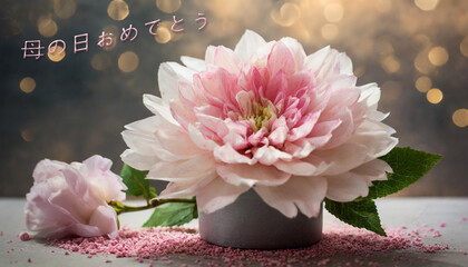ピンクの幸せな母の日を願うカードまたはバナーで、鉢の下にピンクの花が咲き、もう1つはボケ効果の円が付いたグレーと金の背景の地面に置かれます