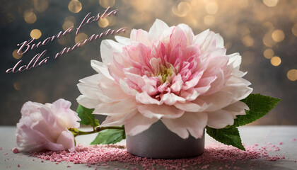 biglietto o striscione per augurare una buona festa della mamma in rosa con un fiore rosa sotto in un vaso e un altro posto a terra su uno sfondo grigio e oro con cerchi effetto bokeh - 779117471