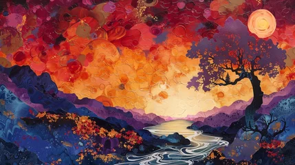 Outdoor kussens splash abstract painting depicting a mountain landscape at sunset, with stunning moon and vivid colors © AnGi