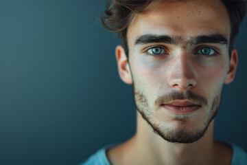 Naklejka premium A close up of a man 's face with blue eyes