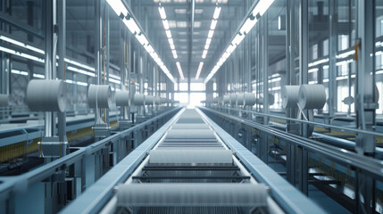 A modern textile factory with rows of looms and spinning machines, momentarily quiet but ready to produce fabrics of various colors and patterns