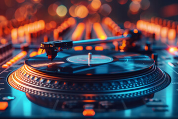 DJ turntable close up on colorful light disco - obrazy, fototapety, plakaty