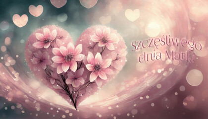 kartka lub baner z życzeniami szczęśliwego Dnia Matki w kolorze różowym z sercem wykonanym z różowych kwiatów na różowo-szarym tle oraz kółkami i sercami z efektem bokeh