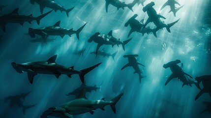 Majestic hammerhead sharks school in clear ocean waters  cinematic low angle shot