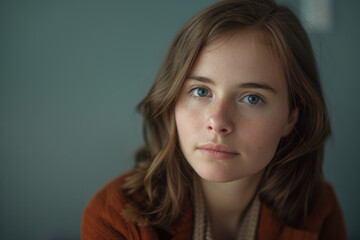 Fototapeta premium A woman with brown hair and blue eyes looks at the camera