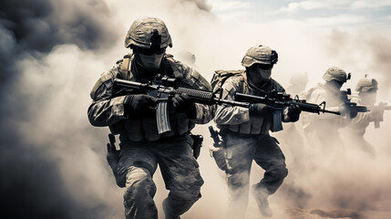 Soldiers holding rifles in the midst of war, conveying the intensity and gravity of armed conflict. Courage, and sacrifice of military personnel as they navigate the challenges and uncertainties	
