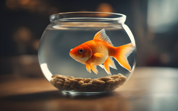A goldfish in a clear bowl, symbolizing freedom and confinement, with a defocused living room in the background