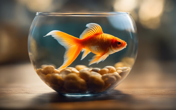 A goldfish in a clear bowl, symbolizing freedom and confinement, with a defocused living room in the background