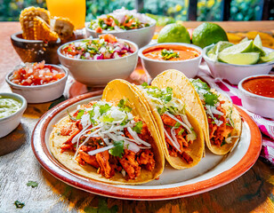 Three tacos with onions and lime on top of a plate. The plate is on a table with a red and white tablecloth