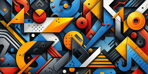 Vibrant Geometric Shapes in Red, Blue, Yellow, and Orange on Black Background with Abstract Design