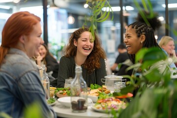 Coworkers laughing and sharing stories while enjoying a potluck-style lunch in a bright and inviting office space