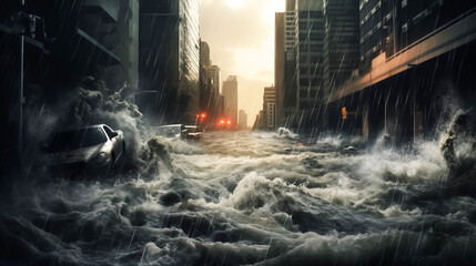 Urban flooding resulting from global warming, showcasing the genuine visual impact of climate change-induced rising waters submerging a city	 - obrazy, fototapety, plakaty