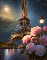 Romantic setting with the eiffel tower illuminated at night, adorned by beautiful roses under a starry sky