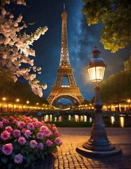 Twilight blooms and tranquil waters under the romantic glow of the eiffel tower
