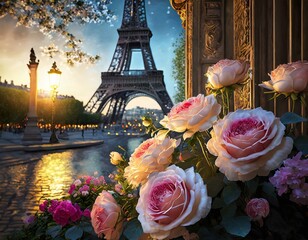 Romantic parisian evening at dusk with eiffel tower, blooming roses, and stunning cityscape, perfect for love and travel enthusiasts - obrazy, fototapety, plakaty