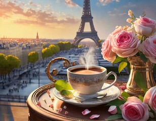 Beautiful morning setting with coffee and roses overlooking the eiffel tower