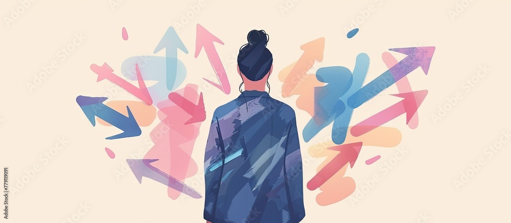 Poster a woman is standing in front of a collection of arrows pointing in various directions, creating a vi