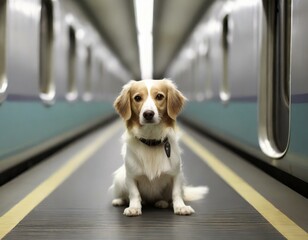 A well-trained dog sits patiently on a subway platform, displaying obedience and companionship - obrazy, fototapety, plakaty
