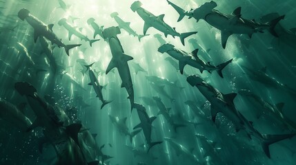 Majestic hammerhead sharks in crystal clear ocean   iconic creatures in cinematic low angle shot - obrazy, fototapety, plakaty