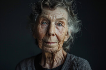 A close up of an elderly woman 's face with gray hair