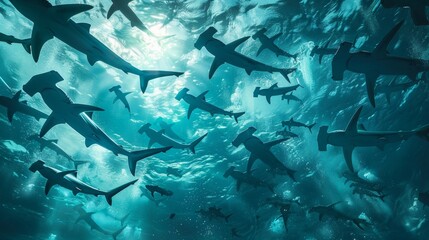 Graceful hammerhead sharks glide in cinematic low angle shot through crystal clear ocean waters - obrazy, fototapety, plakaty