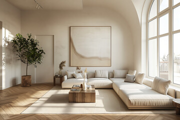 Warm sunlight fills a minimalist beige living room, featuring a large, low-profile modular sofa and abstract wall art, complemented by an indoor tree and herringbone wood floor.
