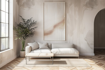 Elegant Lounge Space with Abstract Art. Stylish interior showcasing a chic white sofa, abstract artwork, and a lush potted palm in a sunlit urban apartment.